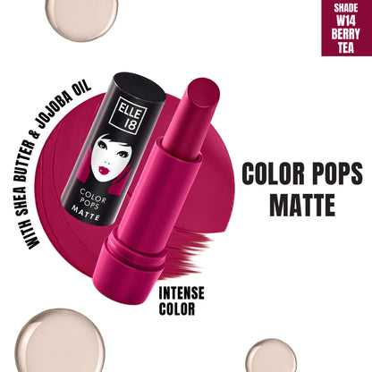 Elle 18 Color Pop Matte Lip Color in W14 Berry Tea, showing the vibrant berry shade in its sleek tube.