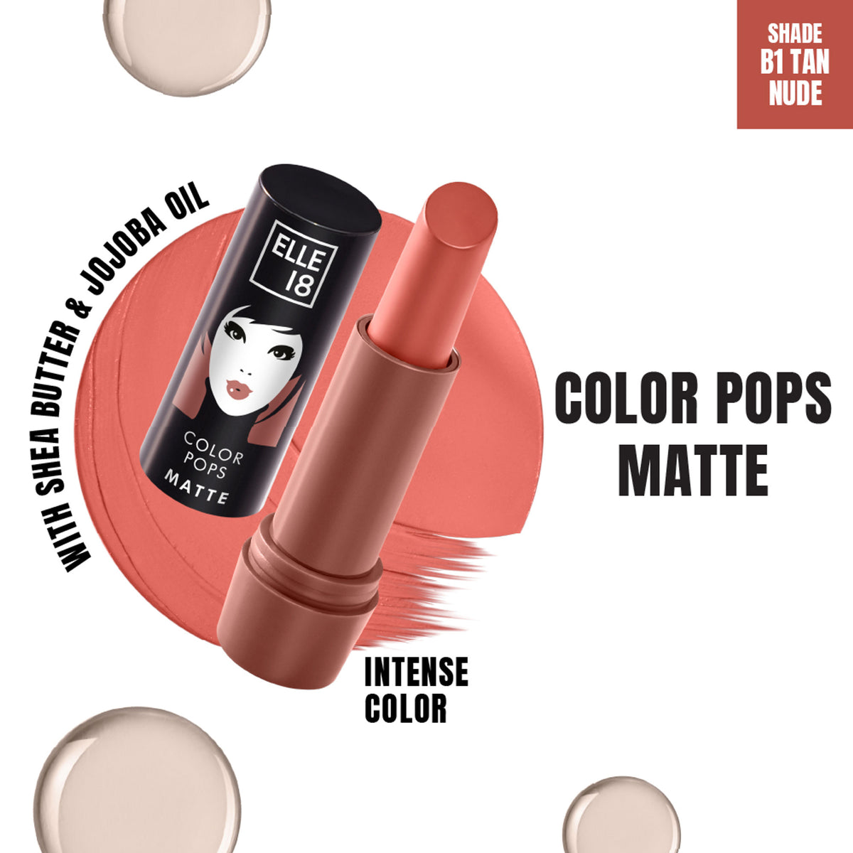 Elle 18 Color Pop Matte Lip Color in B1 Tan Nude, featuring a sleek tube and the nude shade visible in the image.