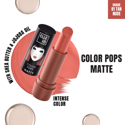 Elle 18 Color Pop Matte Lip Color in B1 Tan Nude, featuring a sleek tube and the nude shade visible in the image.