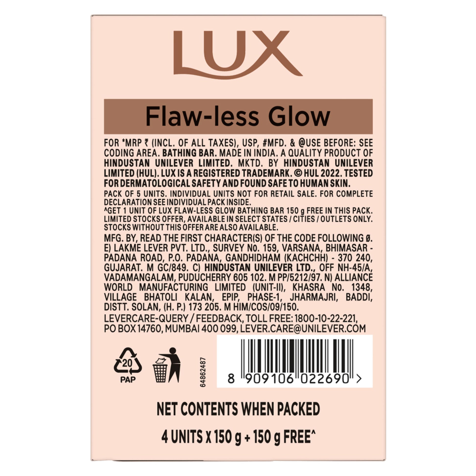 Lux Flaw-Less Glow Jasmine Bathing Soap Infused With Vitamin C & E - Buy 4 Get 1 Free