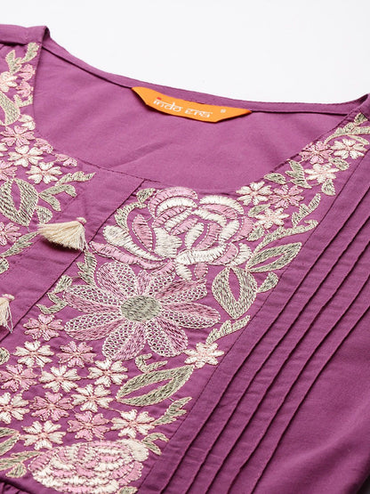 Indyancart IE Floral Embroidered Pure Cotton Kurta with Trousers