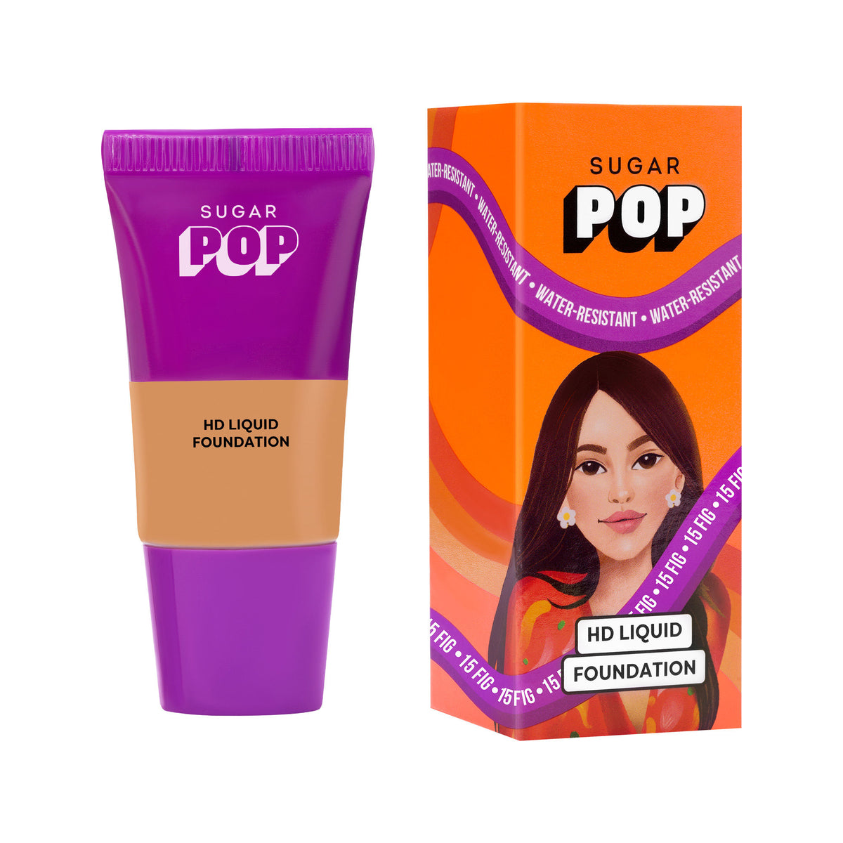 SUGAR POP SUGAR POP HD Liquid Foundation in 15 Fig, showcasing the foundation bottle with smooth liquid texture and product label.