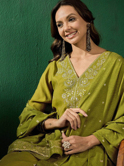 Indyancart SN Women's Embroidered V-Neck Kurta With Trousers & Dupatta