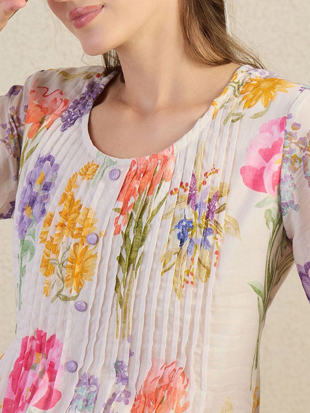 Indyancart IE Printed Pure Cotton Round Neck Top With Trousers Co-Ords