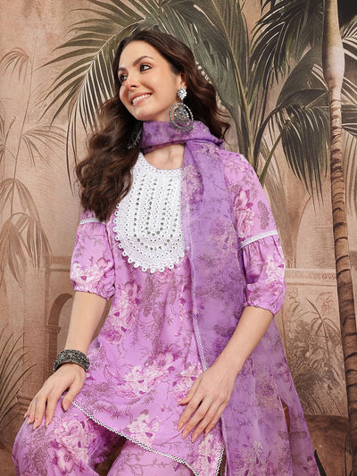 Indyancart SN Women's Floral Print Thread Work Kurta with Salwar & Dupatta