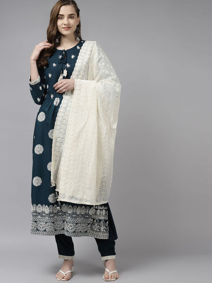 Dhiyona IE Women Teal Ethnic Motifs Embroidered Pleated Kurta Set With Dupatta