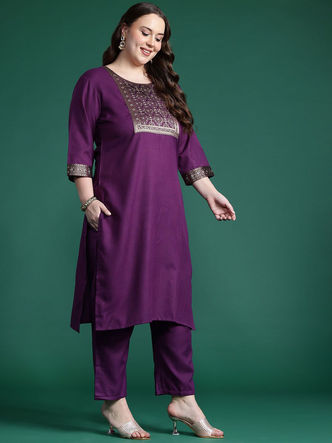 Indyancart IE Plus Size Yoke Design Zari Pure Cotton Kurta With Trousers & Dupatta