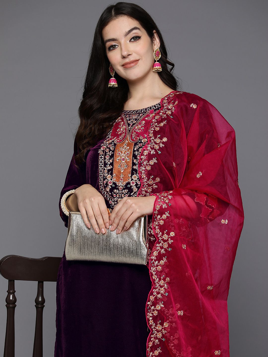 Indyancart IE Women Floral Embroidered Regular Thread Work Velvet Kurta with Trousers & Dupatta