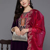 Indyancart IE Women Floral Embroidered Regular Thread Work Velvet Kurta with Trousers & Dupatta