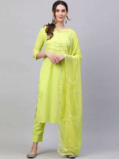 Indyancart IE Women Fluorescent Green Yoke Design Gotta Patti Pure Cotton Kurta with Palazzos & With Dupatta