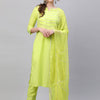 Indyancart IE Women Fluorescent Green Yoke Design Gotta Patti Pure Cotton Kurta with Palazzos & With Dupatta