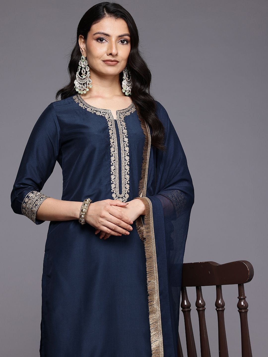 Indyancart VA Ethnic Motifs Embroidered Zari Kurta With Palazzos & Dupatta