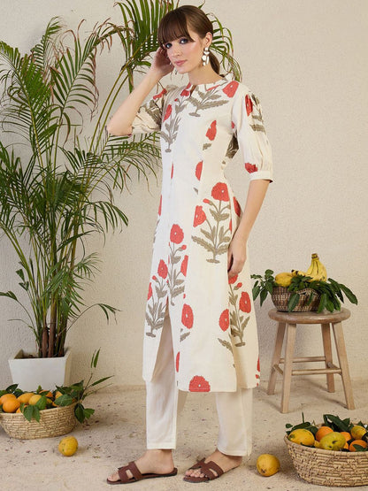 Indyancart IE Floral Printed Mandarin Collar A-Line Kurta