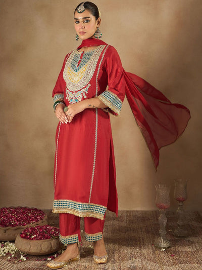 Dhiyona IE Women Ethnic Motifs Embroidered Regular Kurta with Trousers & With Dupatta