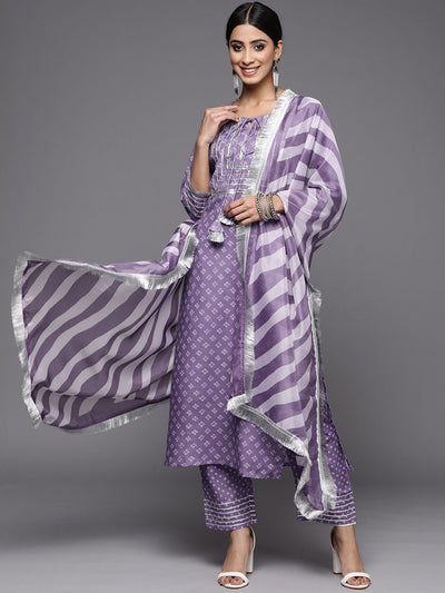 Indyancart VA Women's Purple Bandhani Yoke Design Sequinned Kurta with Trousers & With Dupatta