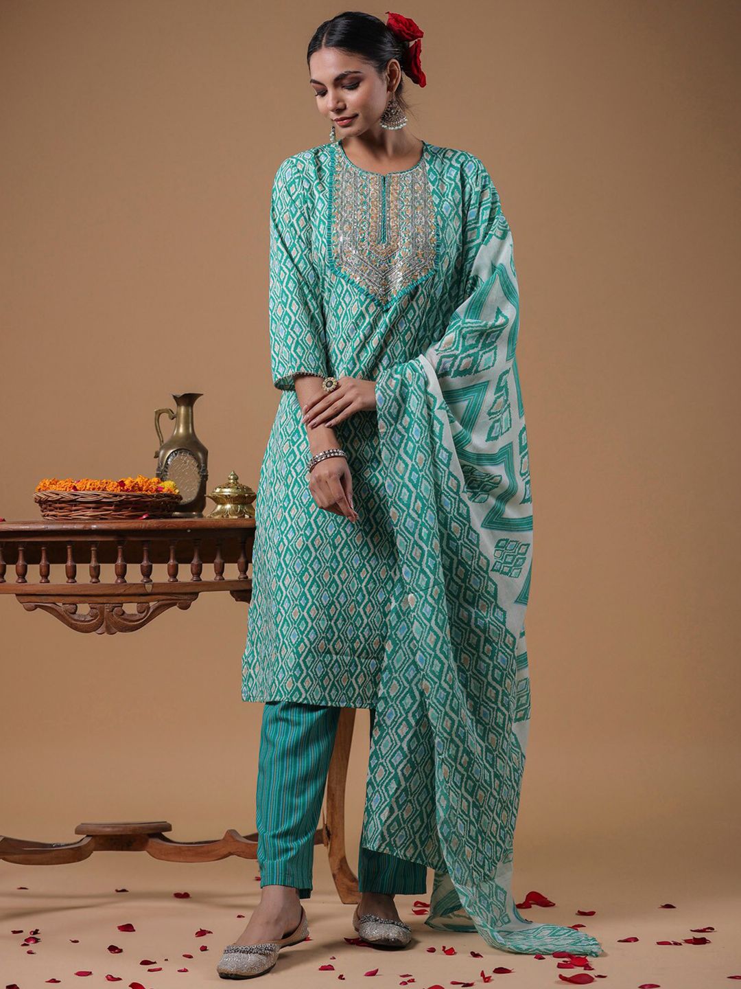 Indyancart IE Geometric Printed Sequined Pure Cotton Straight Kurta With Trouser & Dupatta
