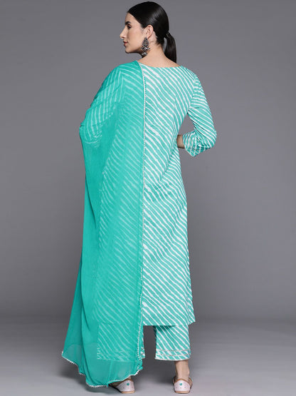 Indyancart VA Women's Leheriya Striped Regular Gotta Patti Cotton Kurta with Trousers & Dupatta