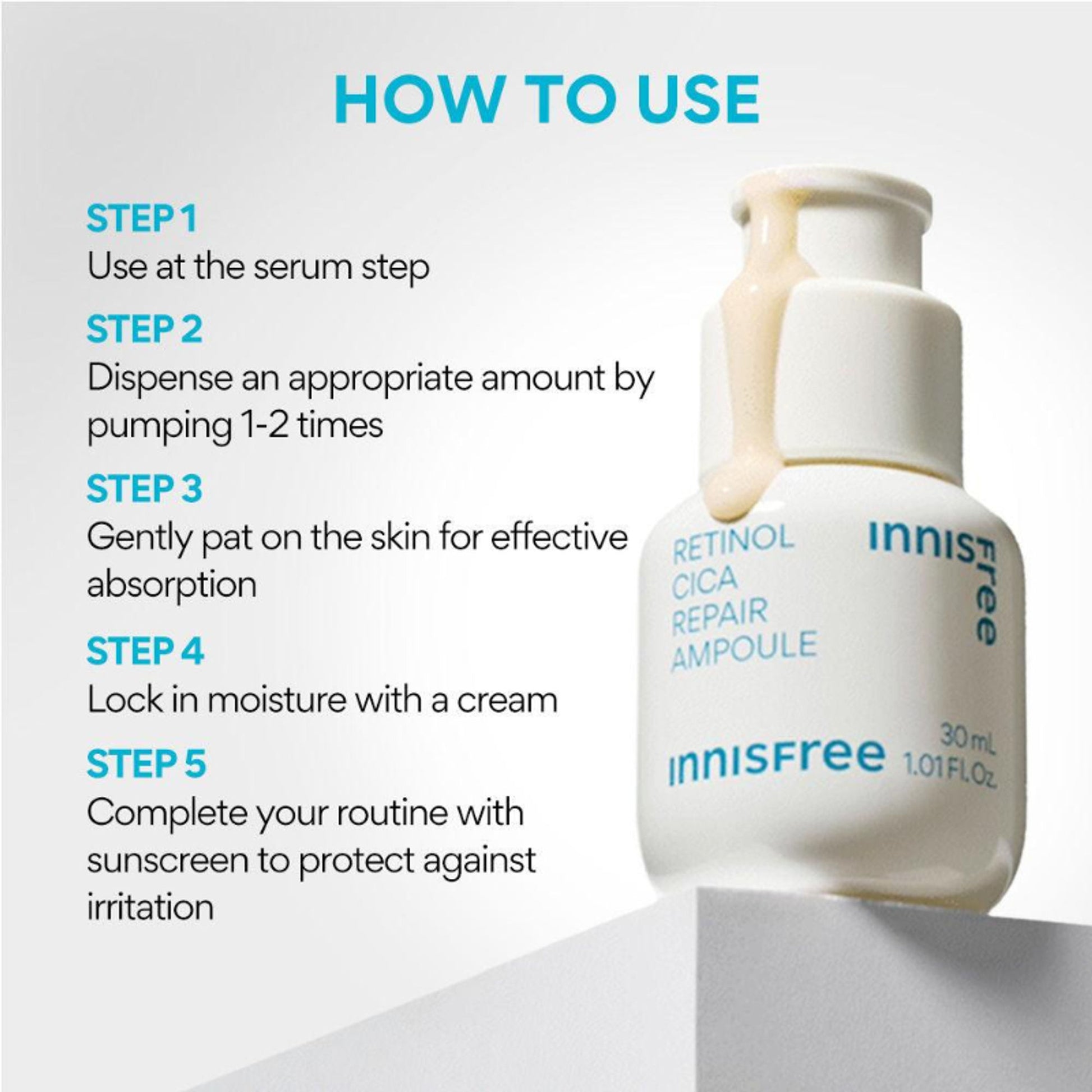 Innisfree Retinol Cica Repair Ampoule With Hyaluronic Acid, Reduces Skin Blemishes - Sensitive Skin
