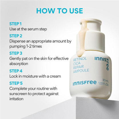 Innisfree Retinol Cica Repair Ampoule With Hyaluronic Acid, Reduces Skin Blemishes - Sensitive Skin