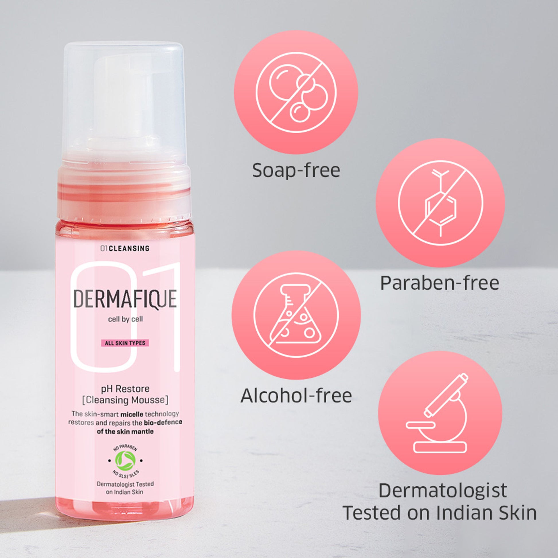 Dermafique pH Restore Foaming Mousse, Mild & Gentle Face Wash, Amino Acids, Glycerine