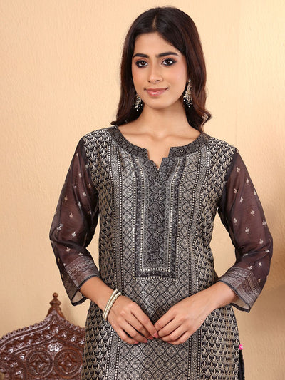 Indyancart VA Women'sEthnic motifs Printed Chanderi Silk Straight Kurta with Trousers & Dupatta