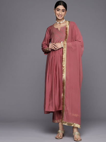 Indyancart VA Women's Floral Embroidered Empire Sequinned Kurta With Trousers & Dupatta