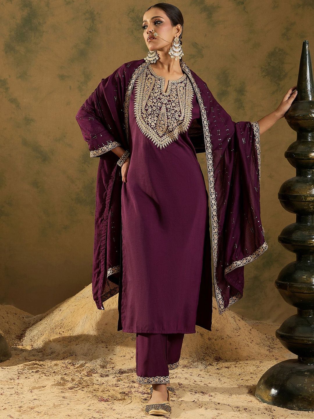 Indyancart IE Women Paisley Embroidered Regular Kurta with Trousers & With Dupatta