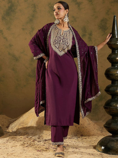 Indyancart IE Women Paisley Embroidered Regular Kurta with Trousers & With Dupatta