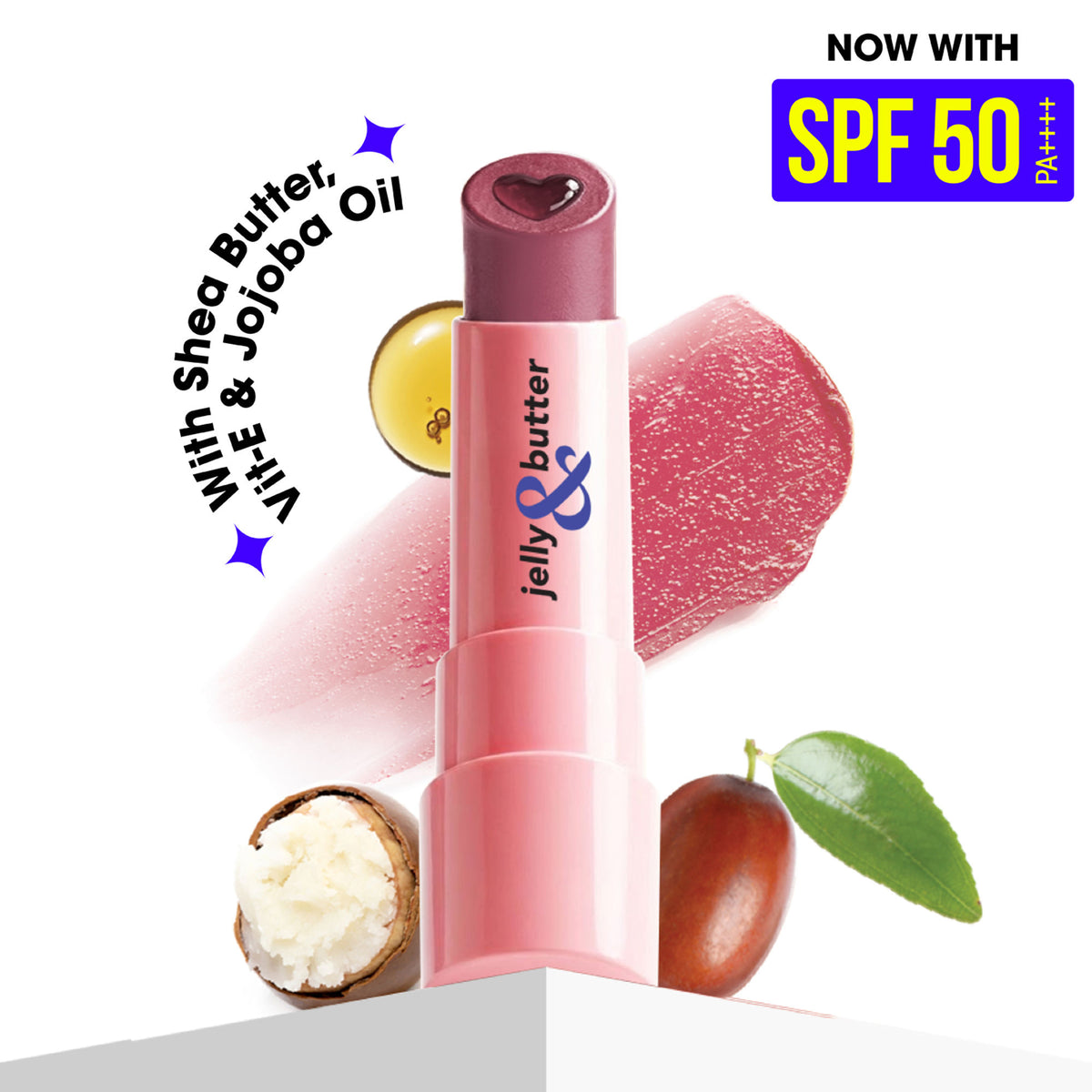 Blue Heaven hydrating lip balm in dusty rose shade with SPF 50 PA+++ featuring a jelly and butter texture.