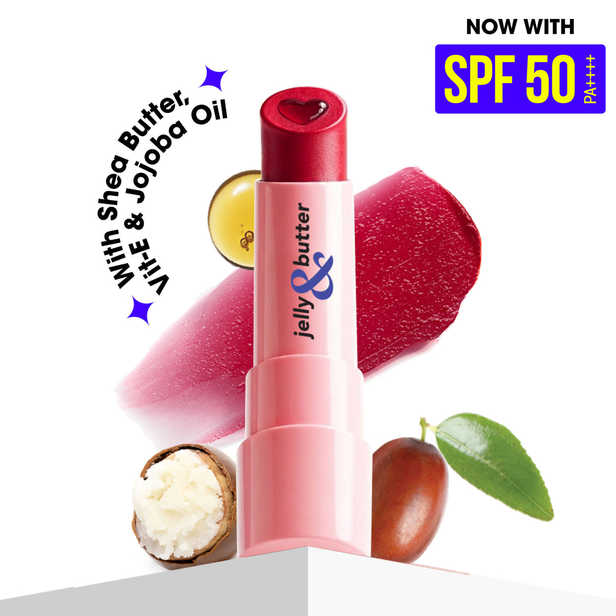 Blue Heaven Pink Rose hydrating lip balm with SPF 50 PA+++ in a blue jelly and butter texture, designed for moisturizing lips.