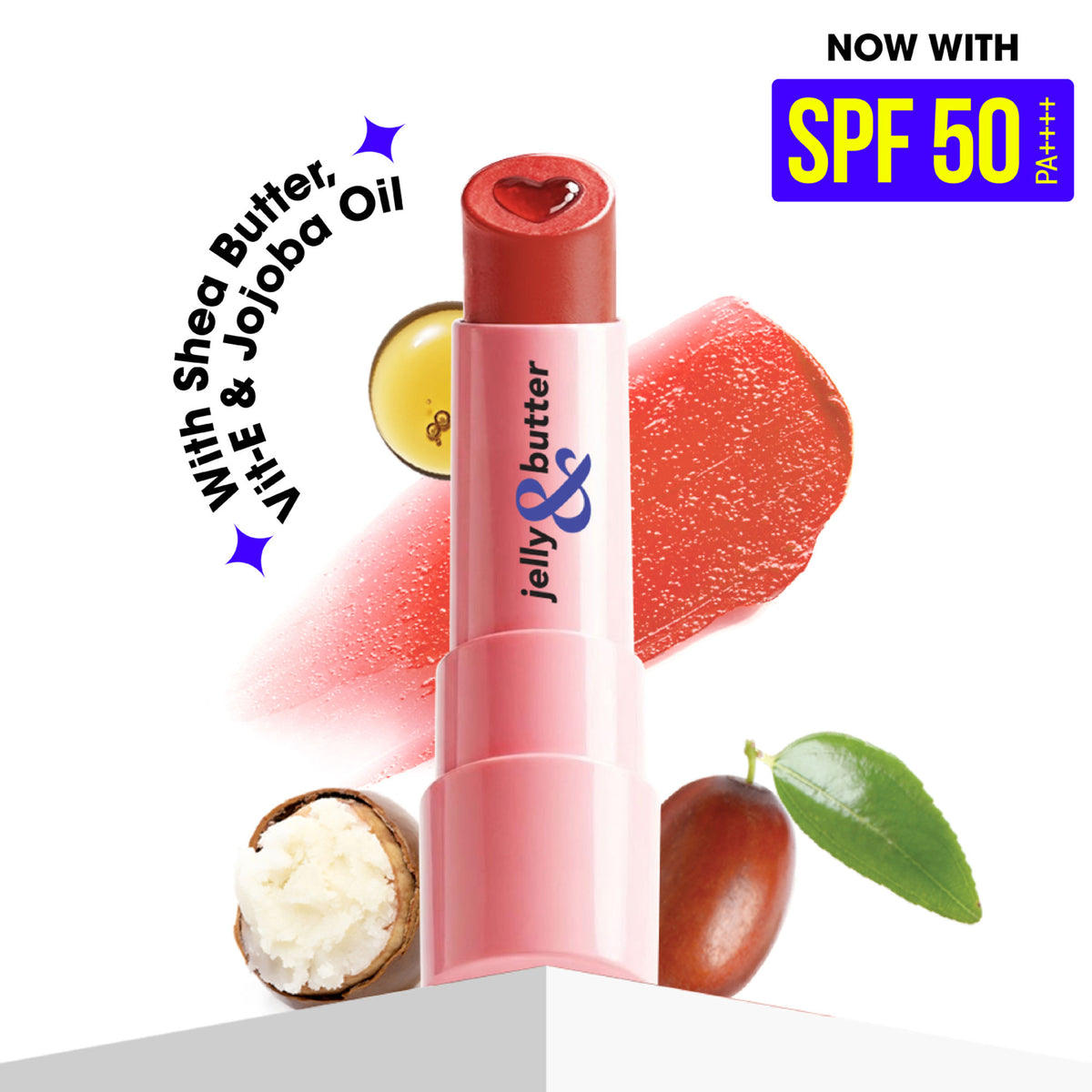 Blue Heaven Hydrating Lip Balm in Caramel Brown with SPF 50 PA+++, featuring a jelly and butter texture for moisturized lips.