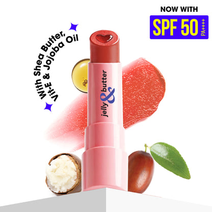 Blue Heaven Hydrating Lip Balm in Caramel Brown with SPF 50 PA+++, featuring a jelly and butter texture for moisturized lips.