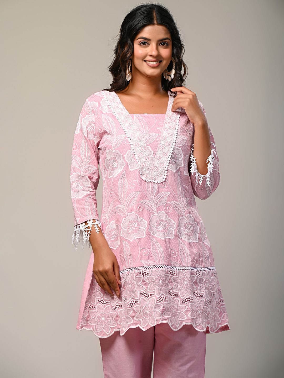 Indyancart IE Embroidered Square Neck Pure Cotton Tunic With Trouser