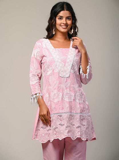 Indyancart IE Embroidered Square Neck Pure Cotton Tunic With Trouser