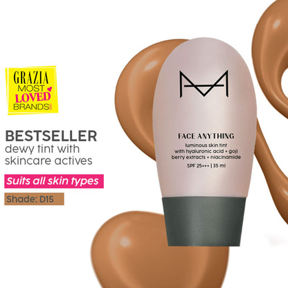 House of Makeup Face Anything Luminous Skin Tint in D15 Deep Skin Tone, showing a glass skin finish on a model's face.