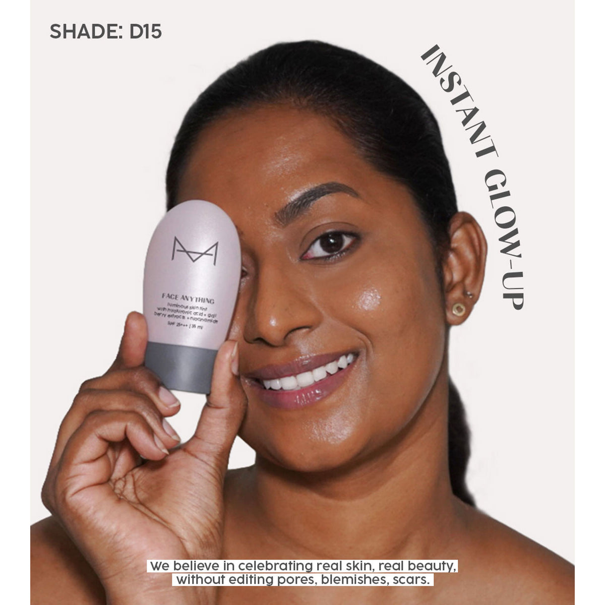 House of Makeup Face Anything Luminous Skin Tint in D15 Deep Skin Tone, showcasing the glass skin finish on a model's face.