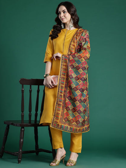 Ethnic Motifs Embroidered Regular Kurta with Trousers & Dupatta