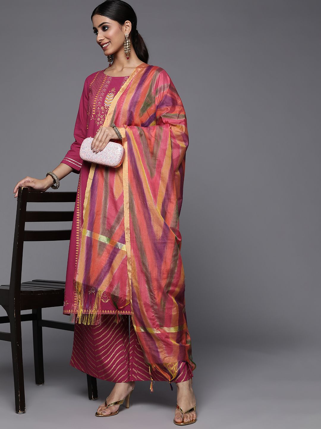 Indyancart VA Women's Fuchsia Pink & Golden Floral Print Cotton Kurta with Palazzos & Dupatta