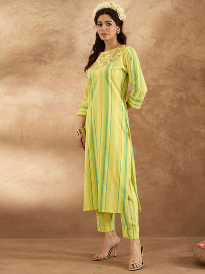 Indyancart IE Striped V-Neck Pure Cotton Tunic With Trouser