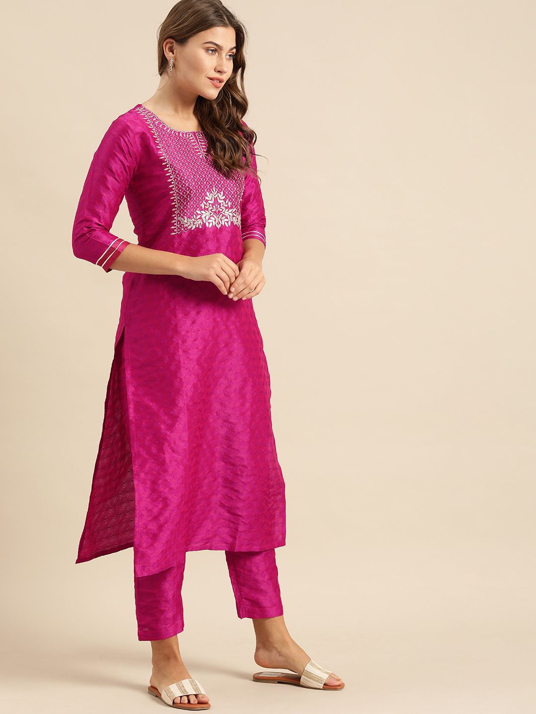 Indyancart VA Women's Magenta & Gold-Toned Embroidered Kurta with Trousers & Dupatta