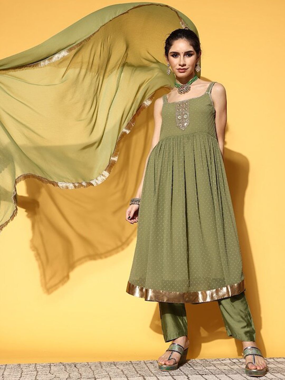 Indyancart VA Women'sSelf Design Empire Kurta With Trousers & Dupatta