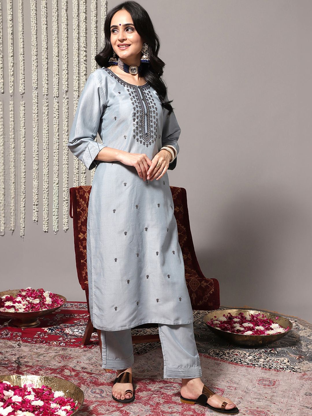 Indyancart VA Women'sBlue Ethnic Motifs Embroidered Kurta With Trousers & Dupatta