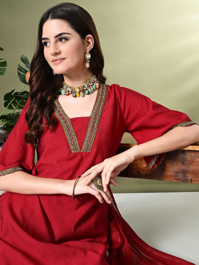 Indyancart SN Women's Square Neck Flared Sleeves High-Low A-Line Kurta With Dhoti Pant & Dupatta