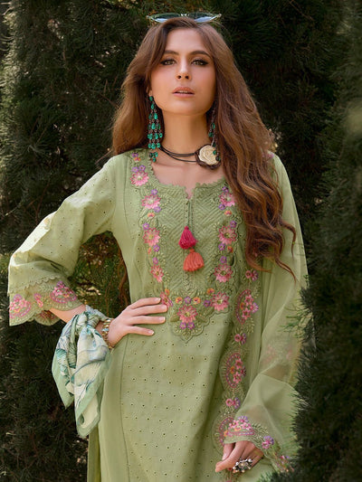 Indyancart IE Women Floral Embroidered Regular Sequinned Cotton Kurta with Trousers & Dupatta