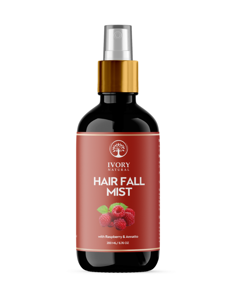 Ivory Natural Hair Mist spray for long hair, featuring a clear bottle and spray nozzle, designed to promote hair growth and restore shine.