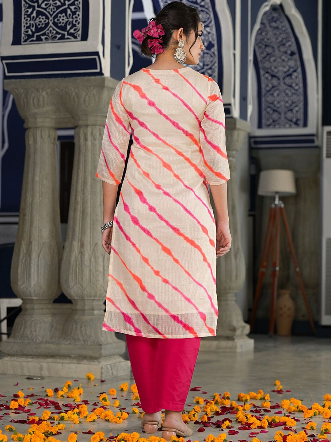 Indyancart VA Women's Bandhani Dyed Regular Gotta Patti Kurta with Trousers & With Dupatta