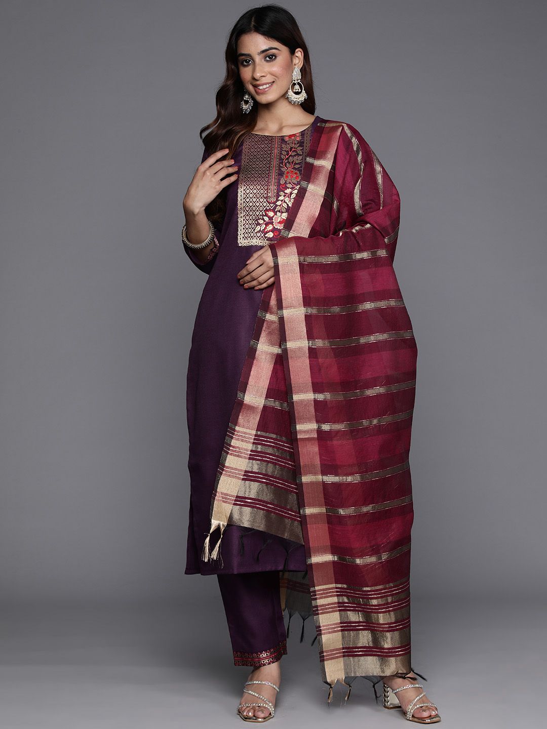 Indyancart IE Women Ethnic Motifs Yoke Design Zari Pure Cotton Kurta with Trousers & Dupatta