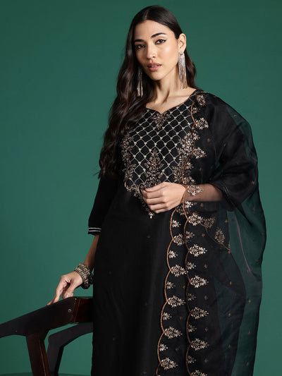 Indyancart IE Ethnic Motifs Embroidered Zari Liva Kurta with Trousers & With Dupatta