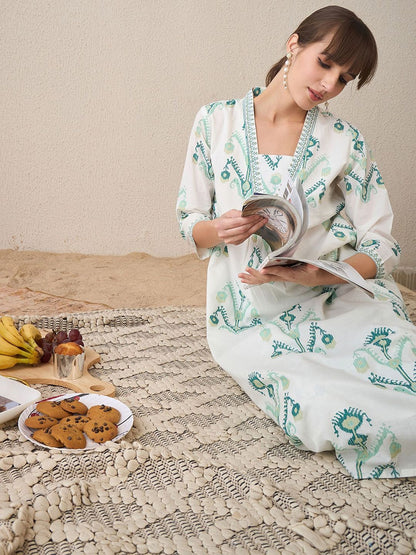 Indyancart IE Floral Printed Pure Cotton V Neck A-Line Tunic And Palazzos