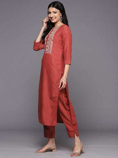 Indyancart VA Women'sEthnic Motifs Embroidered Thread Work Kurta With Trousers & With Dupatta